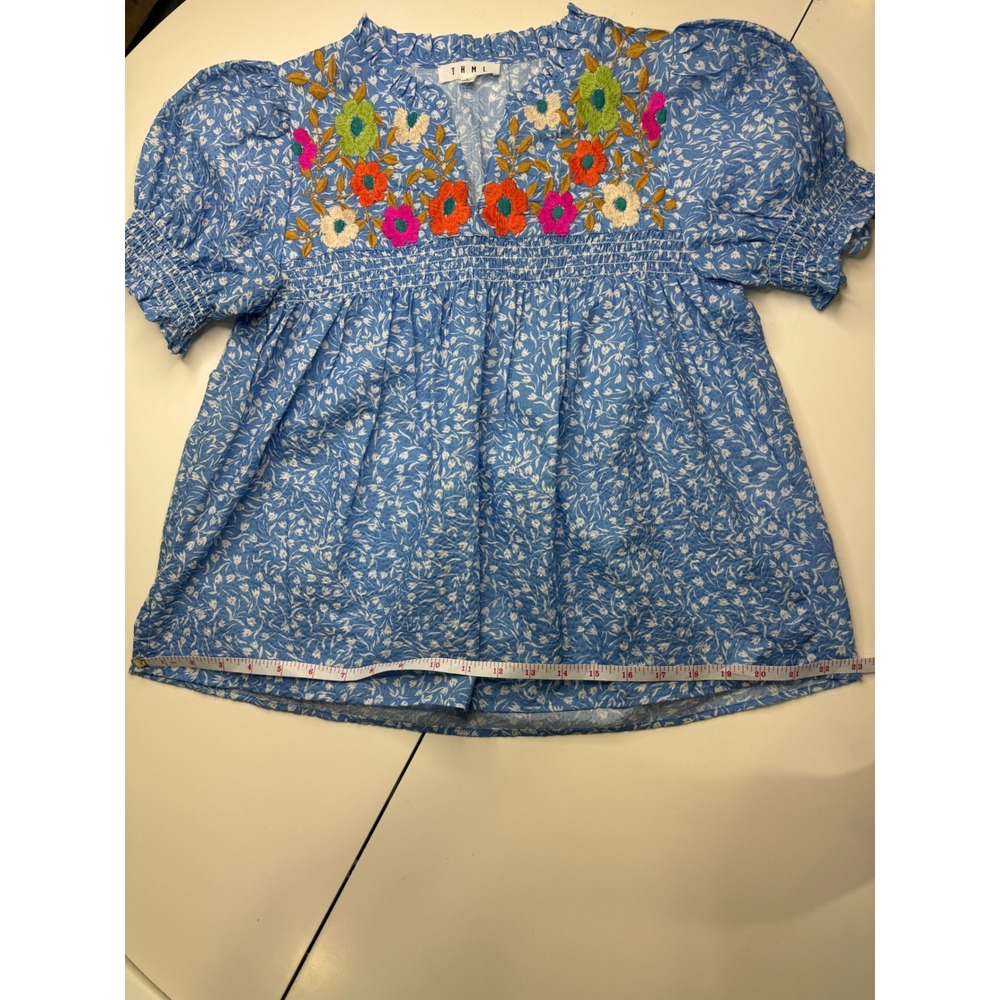 THML Blue Floral Embroidered V-Neck Blouse Puff Sleeve Top Small - Picture 6 of 9